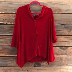 Red Hooded Button Down Sweater